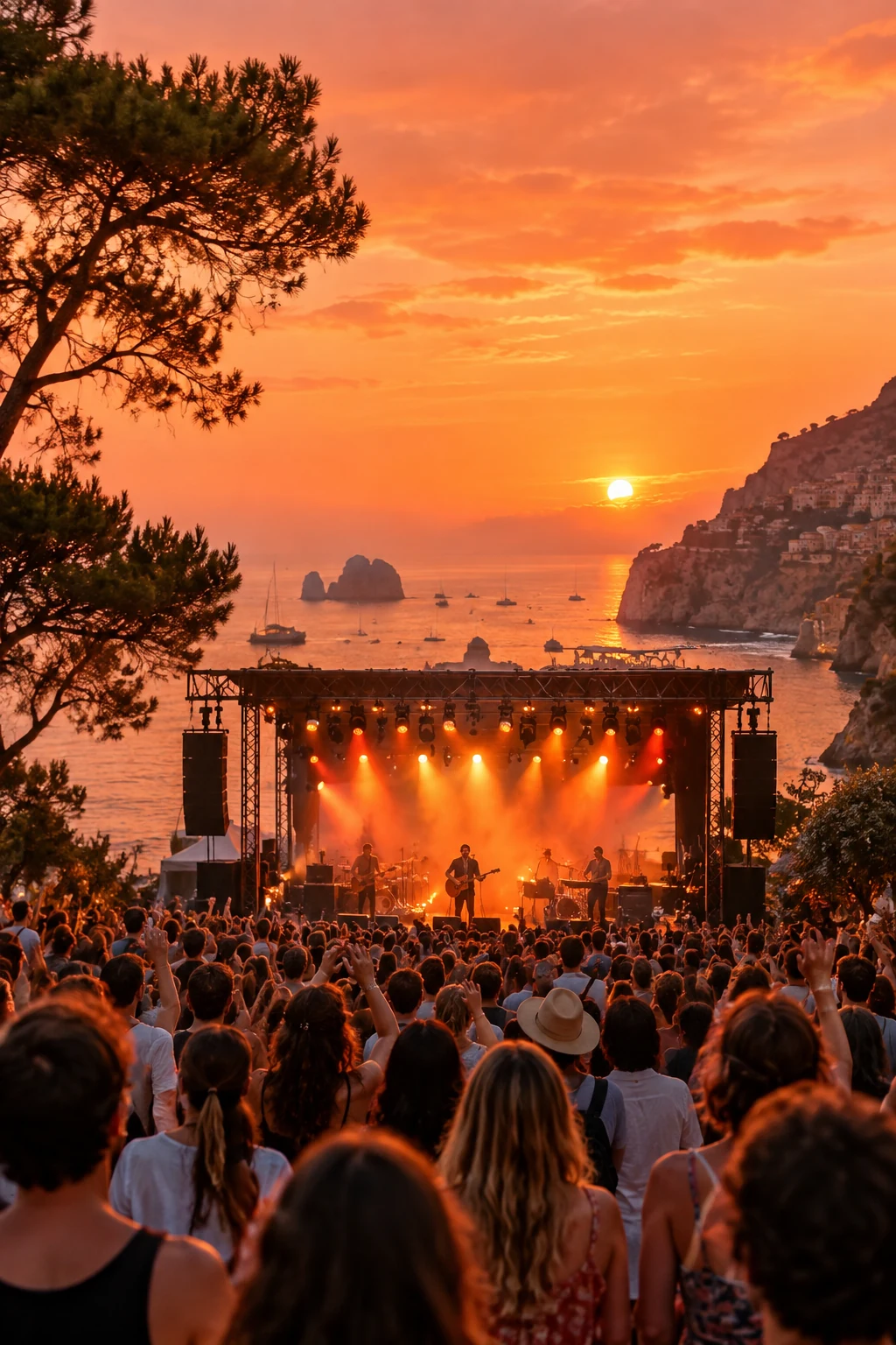 An outdoor concert with orange stage lights at sunset