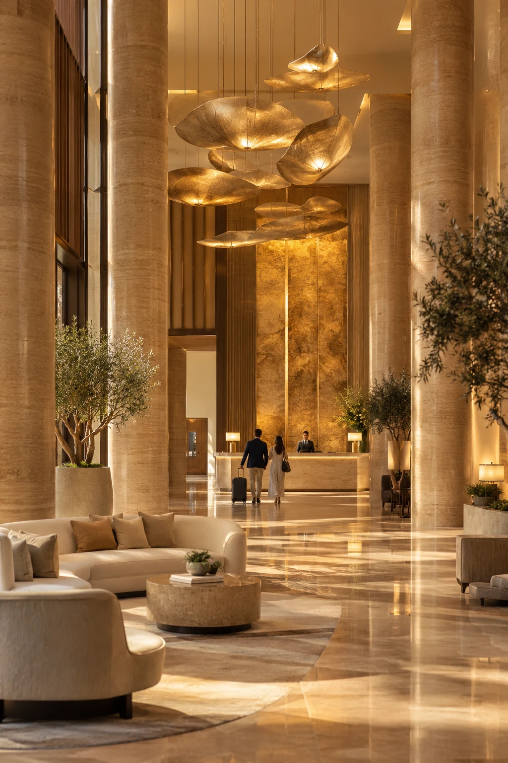 A warm golden hotel lobby