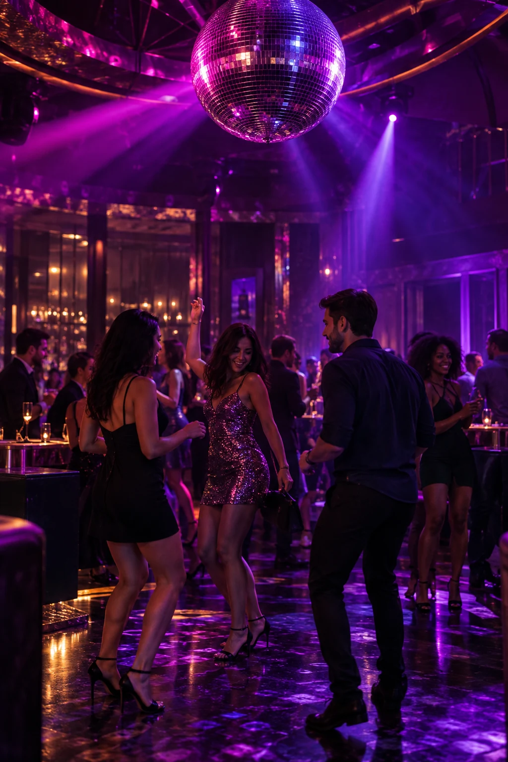 Guests dancing under purple lights in a nightclub