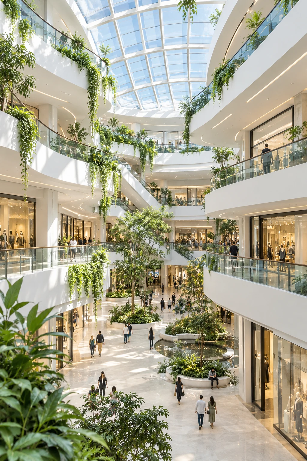 A bright shopping mall with white balconies and greenery